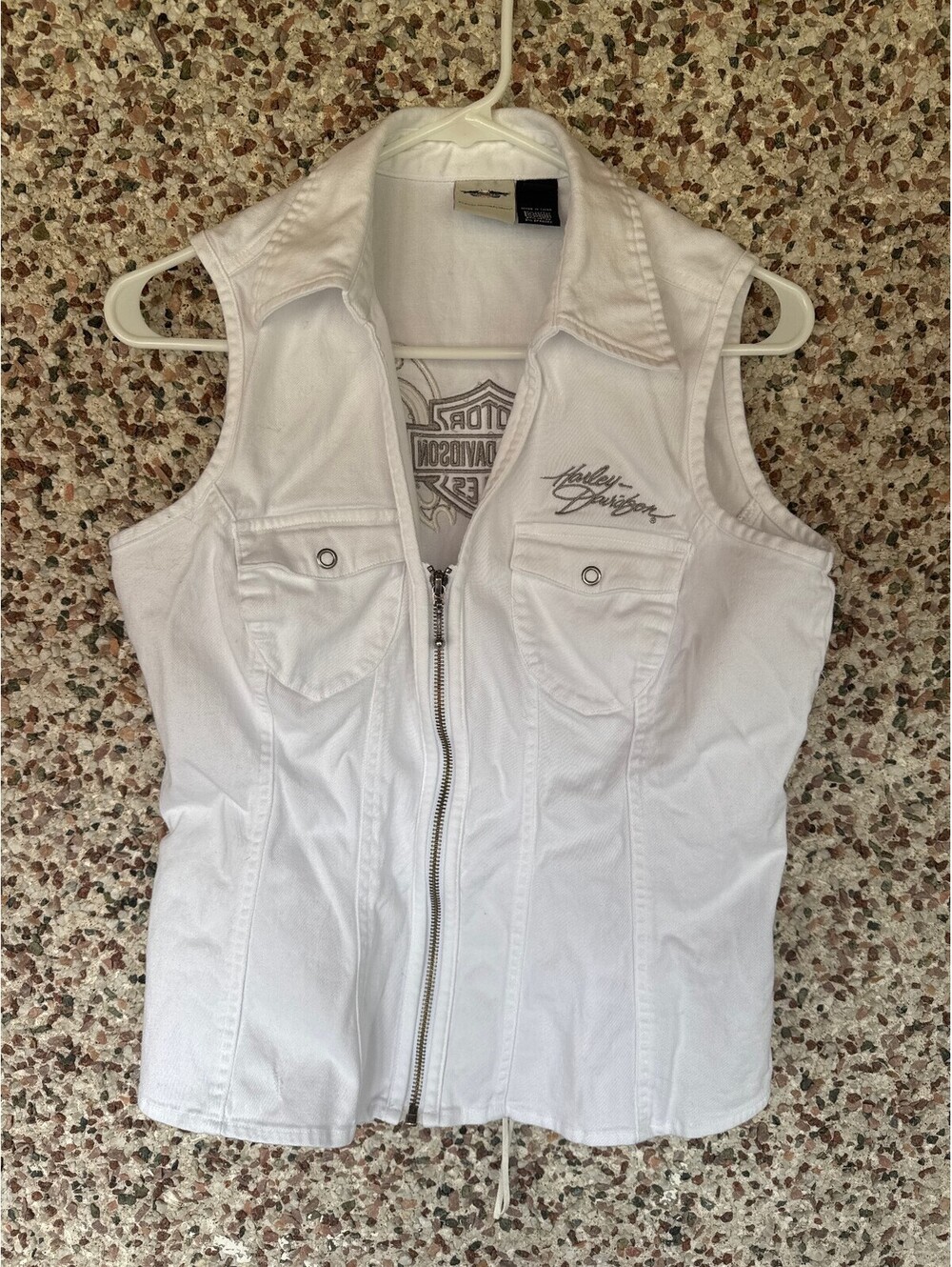 Harley Davidson White Denim Vest Corset Lace Back Flame Logo Womens M